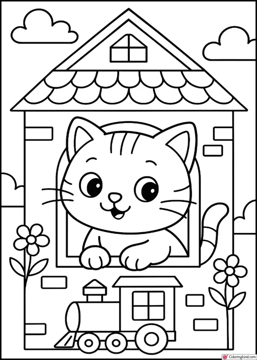 Kitty peeking from dollhouse window, playful setting