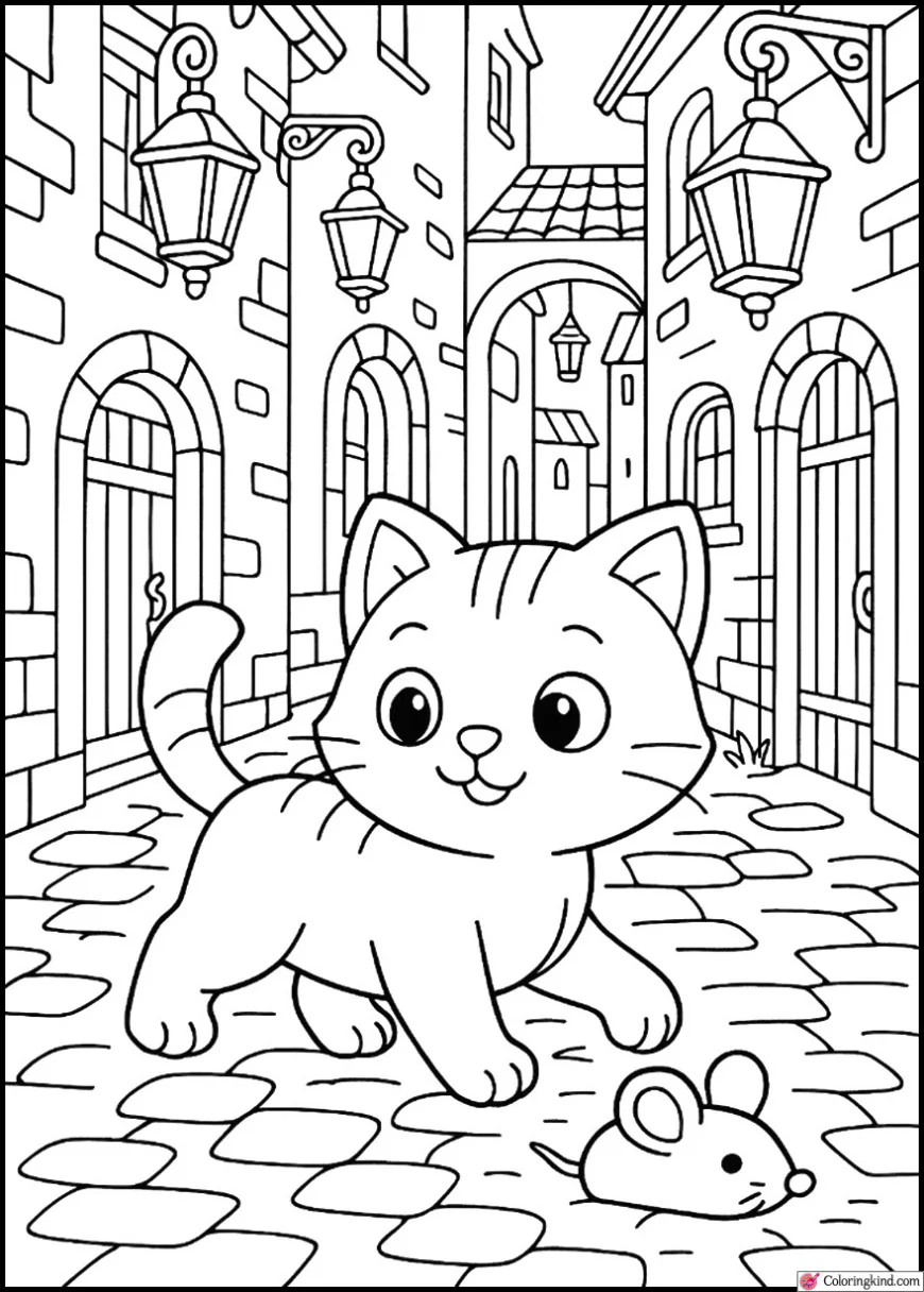 Kitty exploring alley with hanging lanterns, old town style
