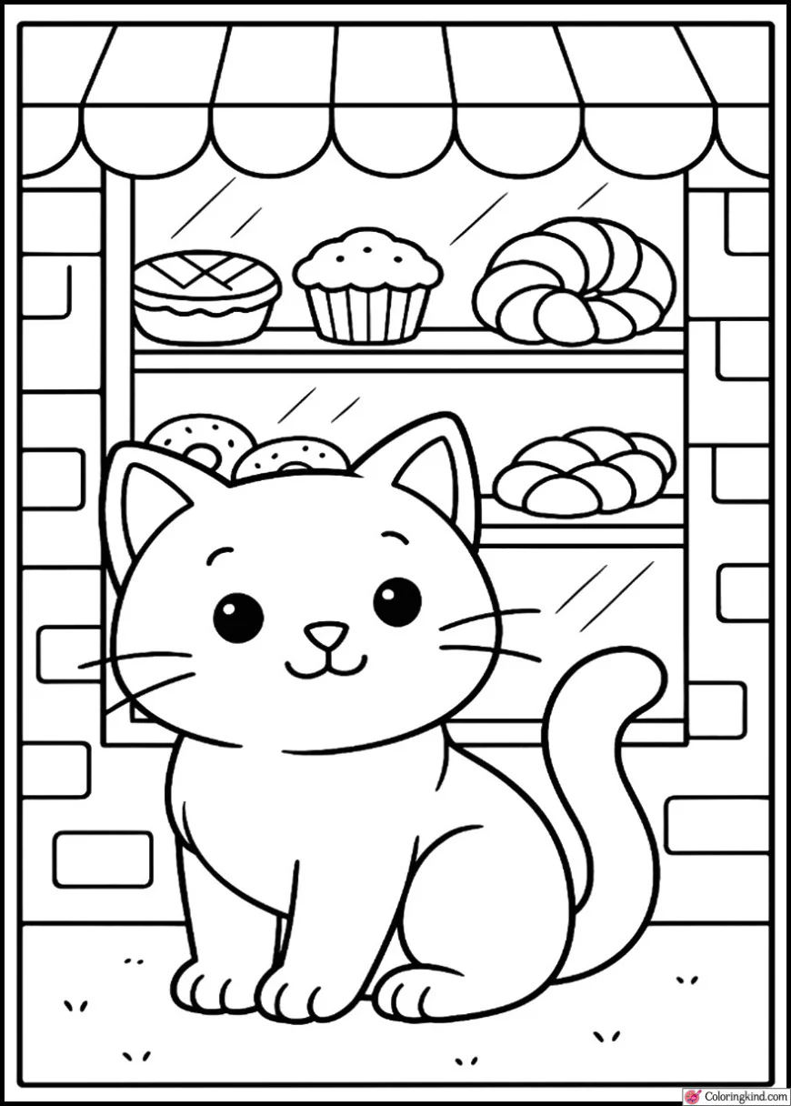 Kitty sitting beside bakery window with pastries inside