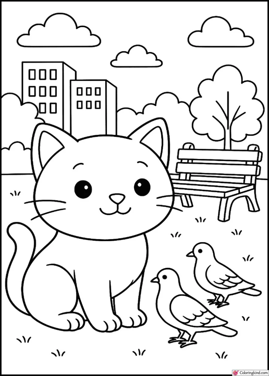 Kitty watching pigeons in urban park with benches