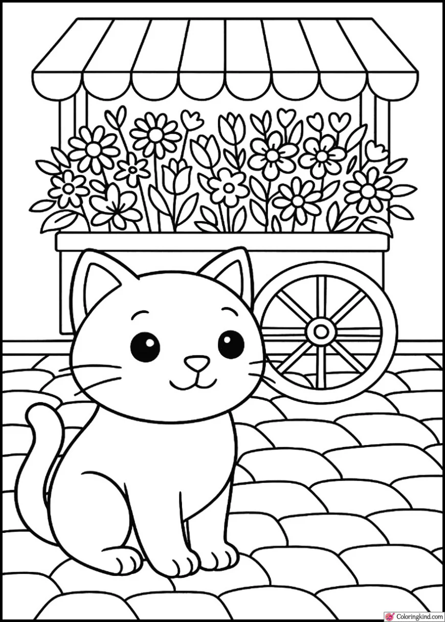 Kitty beside flower cart on cobblestone street