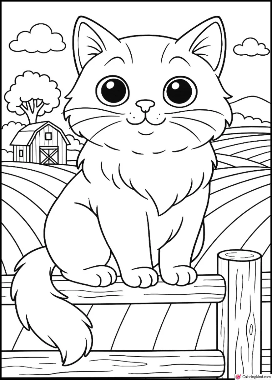Kitty sitting on wooden fence near barn