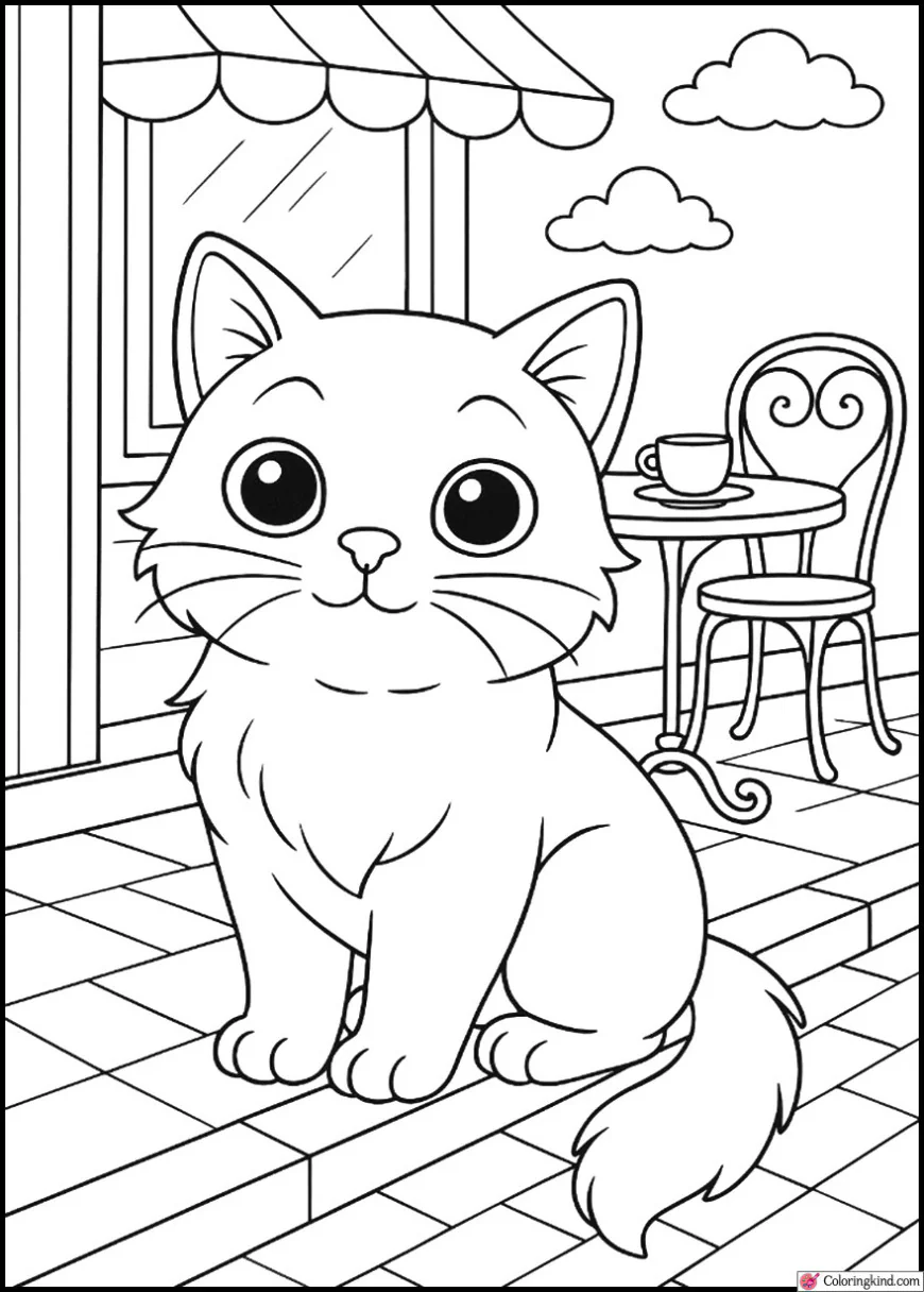 Kitten on Sidewalk Beside Cafe Table