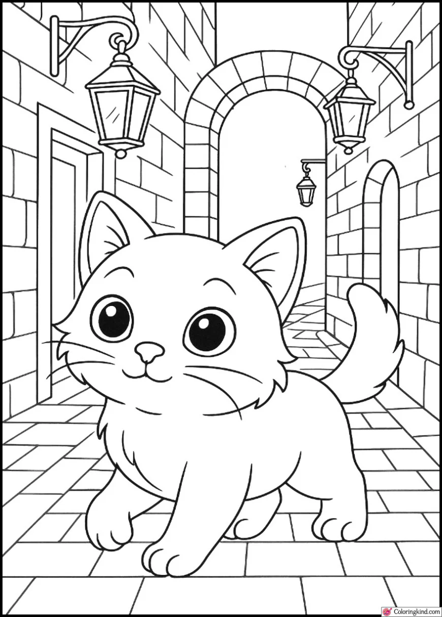 Kitten Exploring Alley with Lanterns
