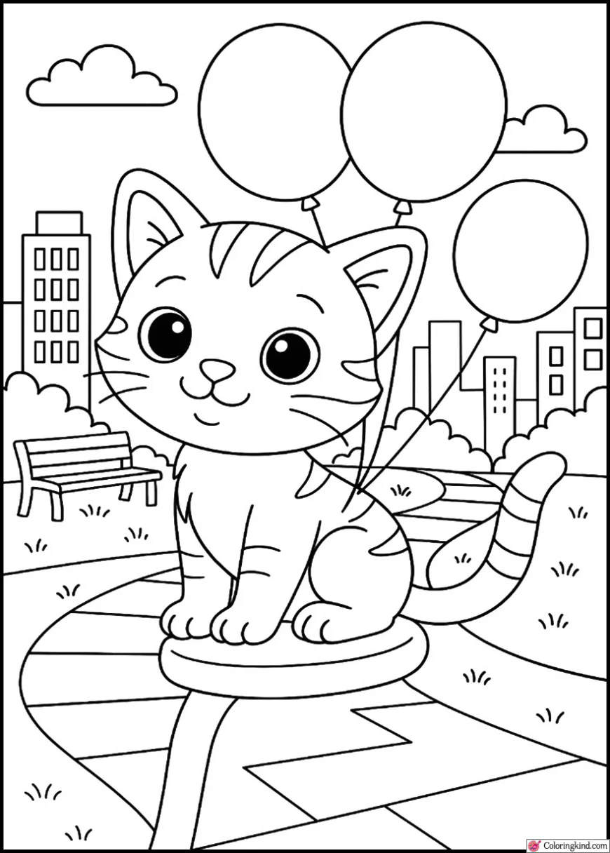 Kitten with Balloons in City Park