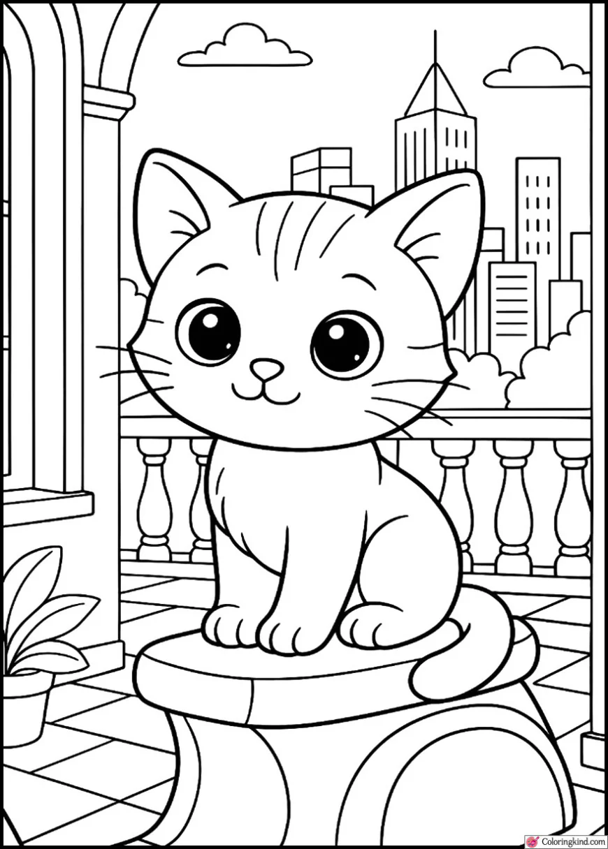 Kitten Sitting on Balcony Overlooking City
