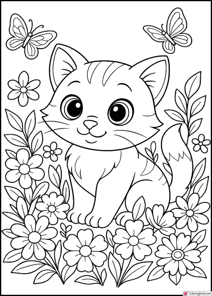 Kitten Among Spring Flowers and Butterflies