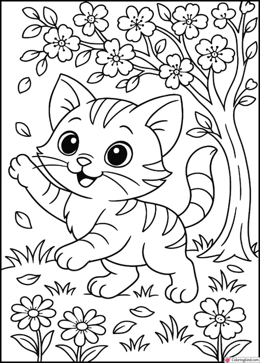 Kitten Playing under Cherry Blossom Tree