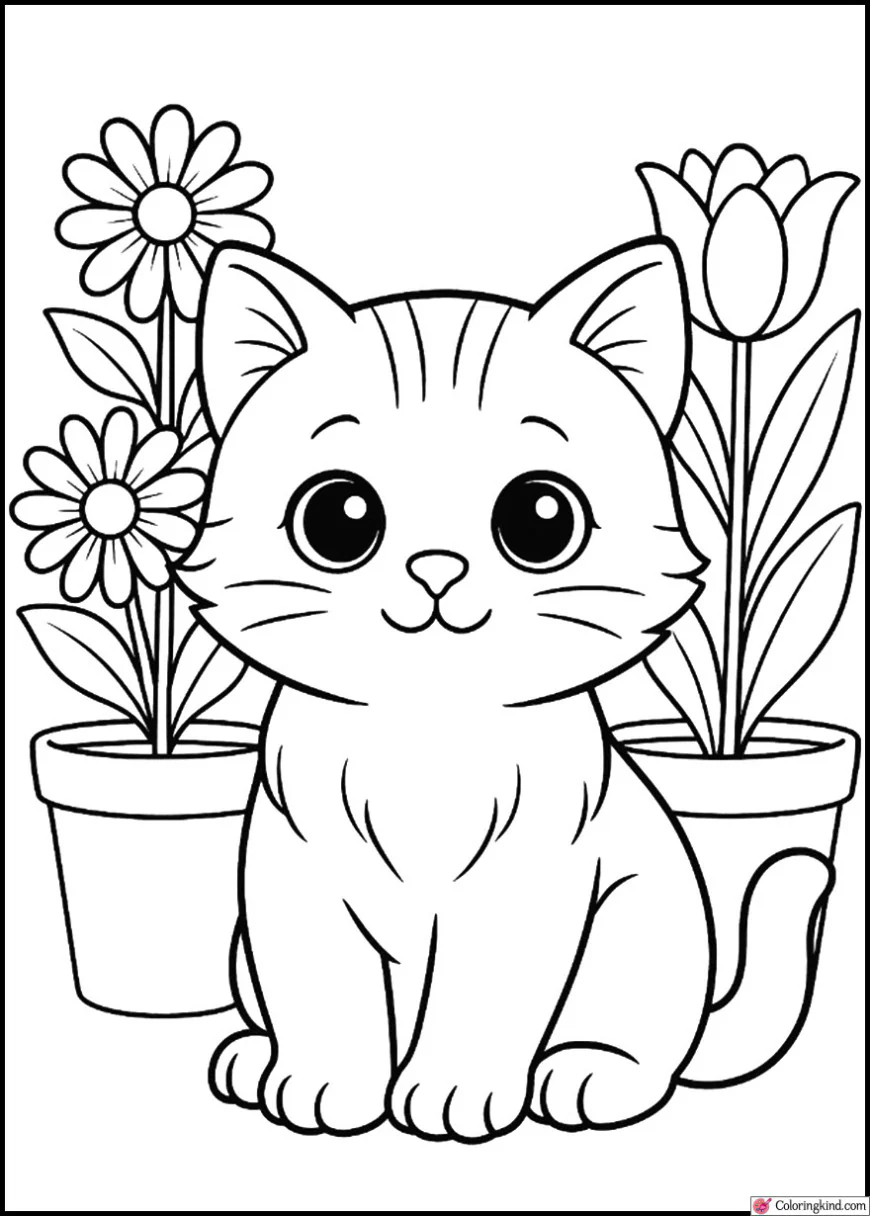 Kitten Sitting Beside Flower Pots