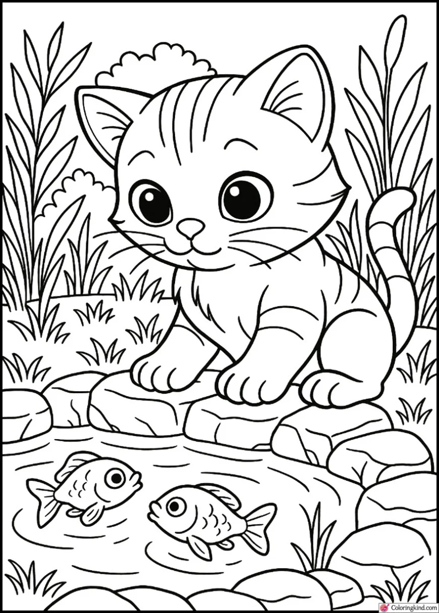 Kitten Watching Fish in Garden Pond