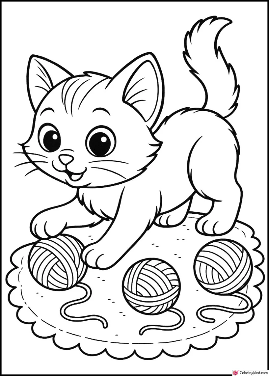 Kitten Playing with Yarn Balls on Rug
