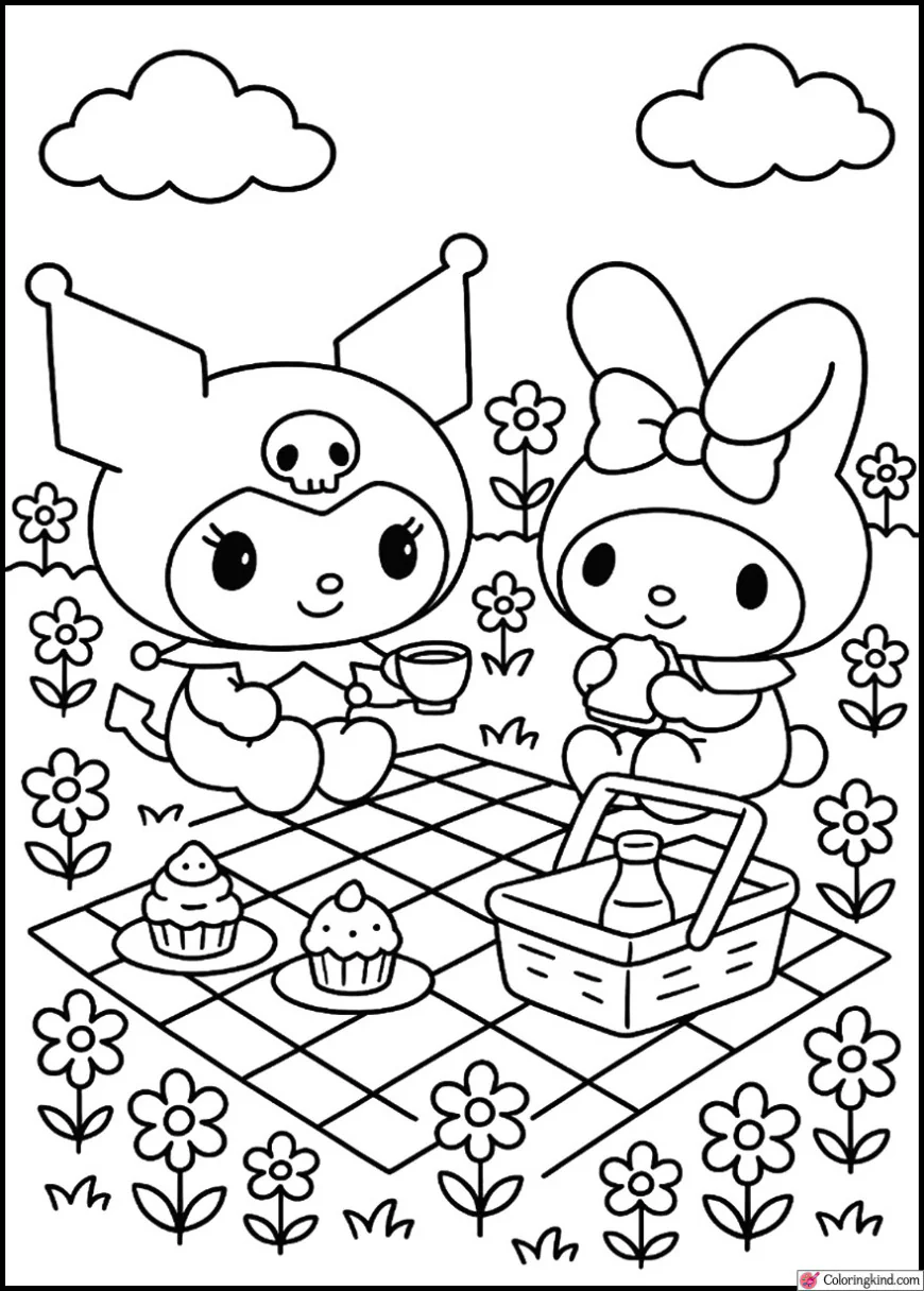 Kuromi and My Melody Having a Picnic in the Flower Field