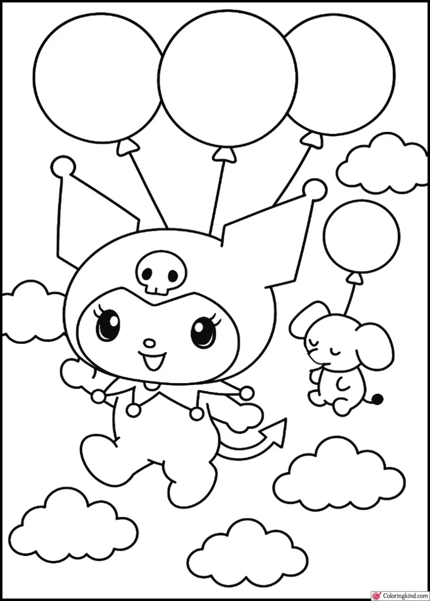 Kuromi and Baku Flying Through the Sky on Balloons