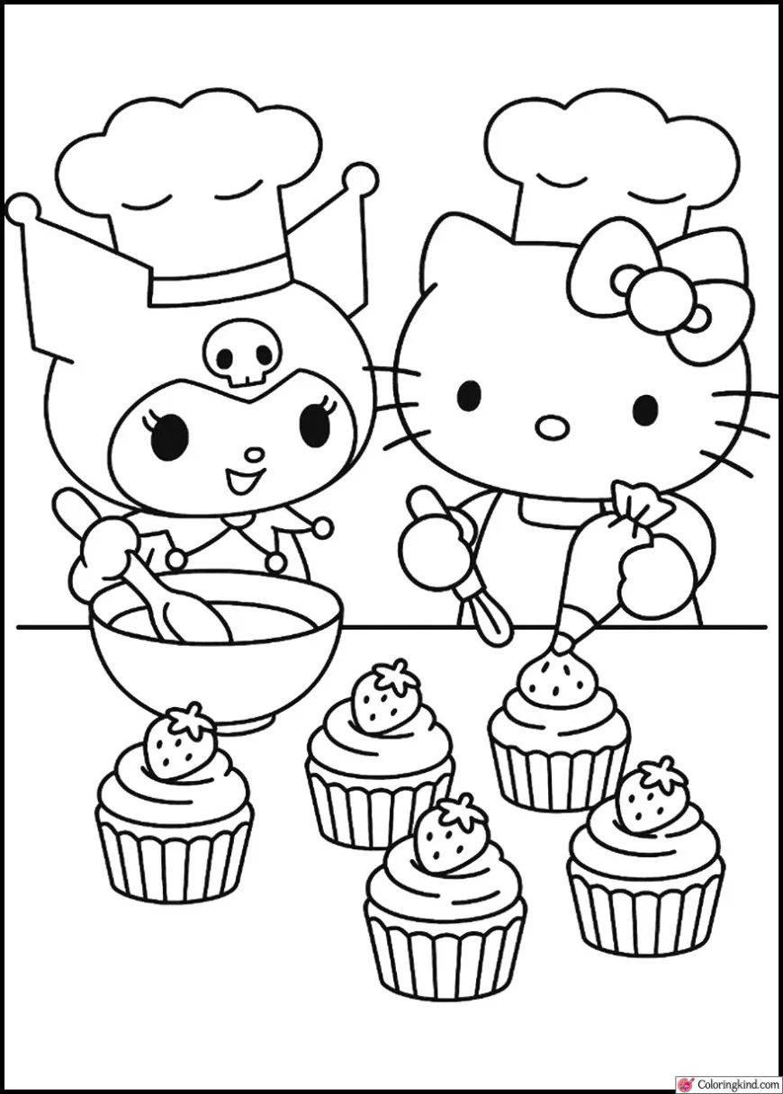 Kuromi and Hello Kitty Baking Strawberry Cupcakes Together