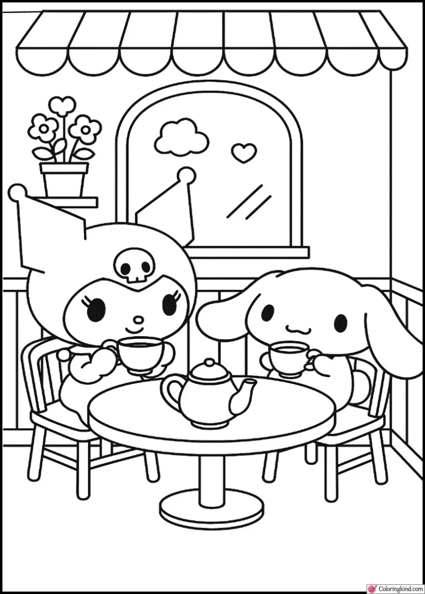 Kuromi and Cinnamoroll Drinking Tea in a Cute Cafe