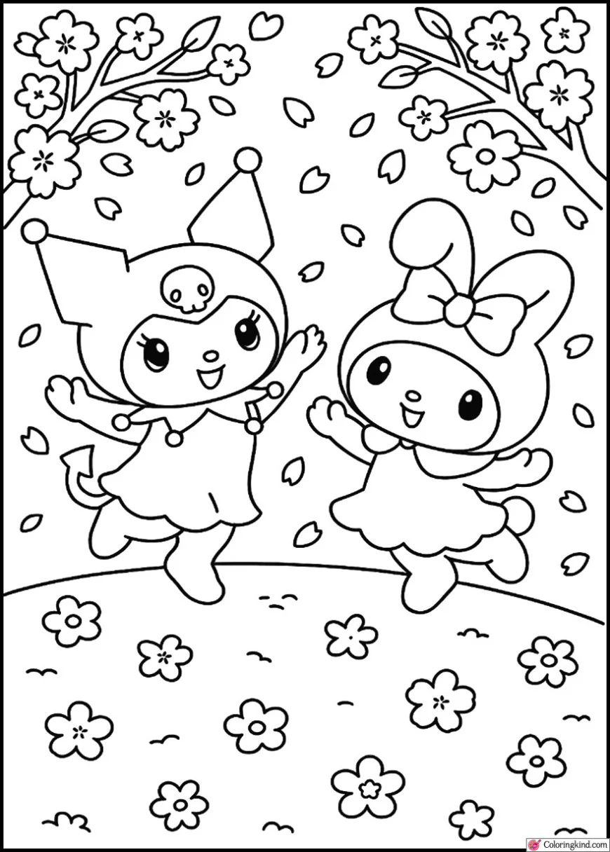 Kuromi and My Melody Dancing Under the Cherry Blossoms