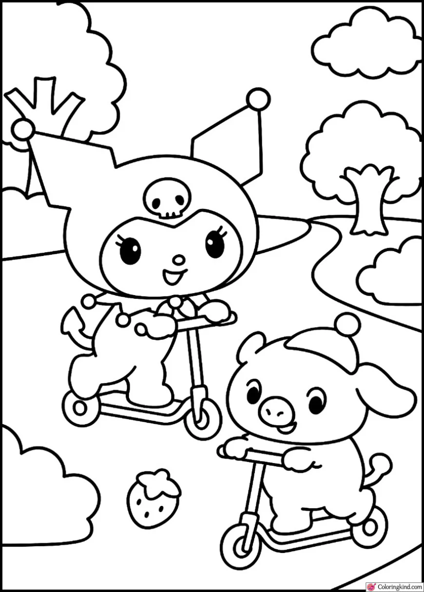 Kuromi and Baku Riding Scooters Through the Park