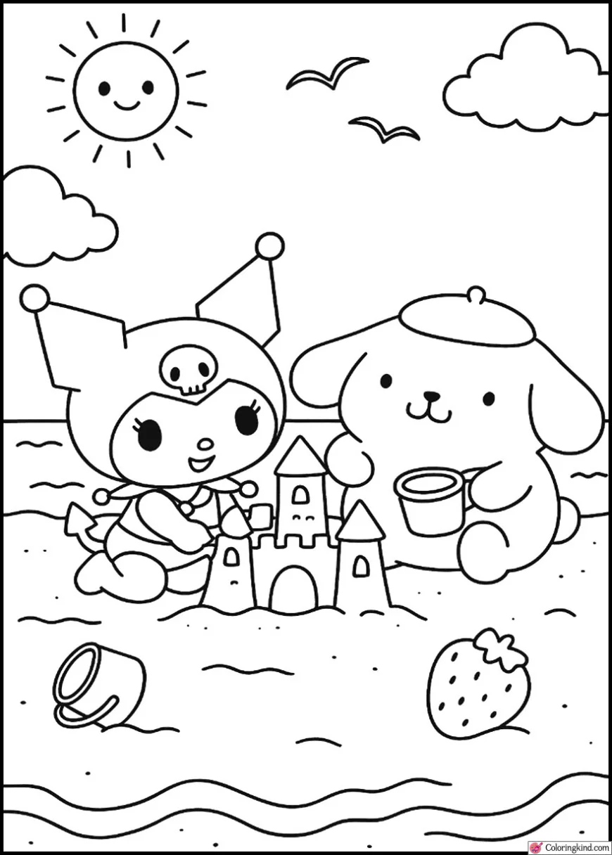 Kuromi and Pompompurin Building a Sandcastle at the Beach