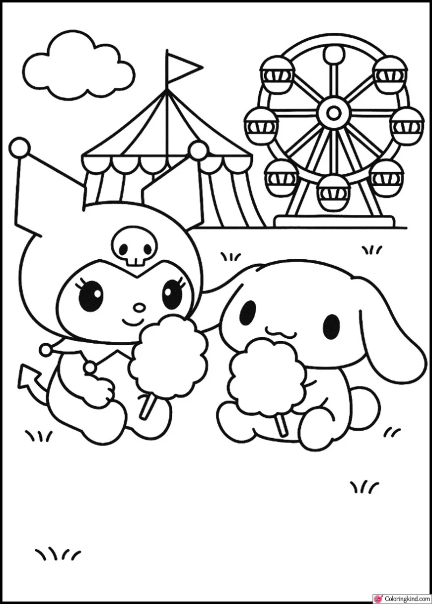 Kuromi and Cinnamoroll Enjoying Cotton Candy at a Fair