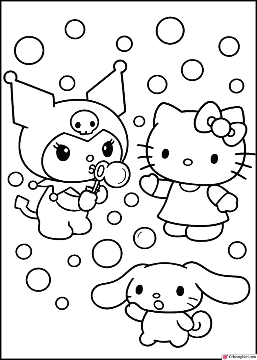 Kuromi and Hello Kitty Playing with Soap Bubbles