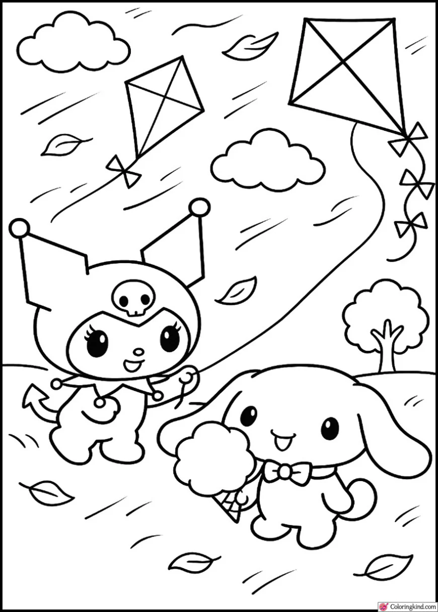 Kuromi and Cinnamoroll Flying Kites on a Windy Day