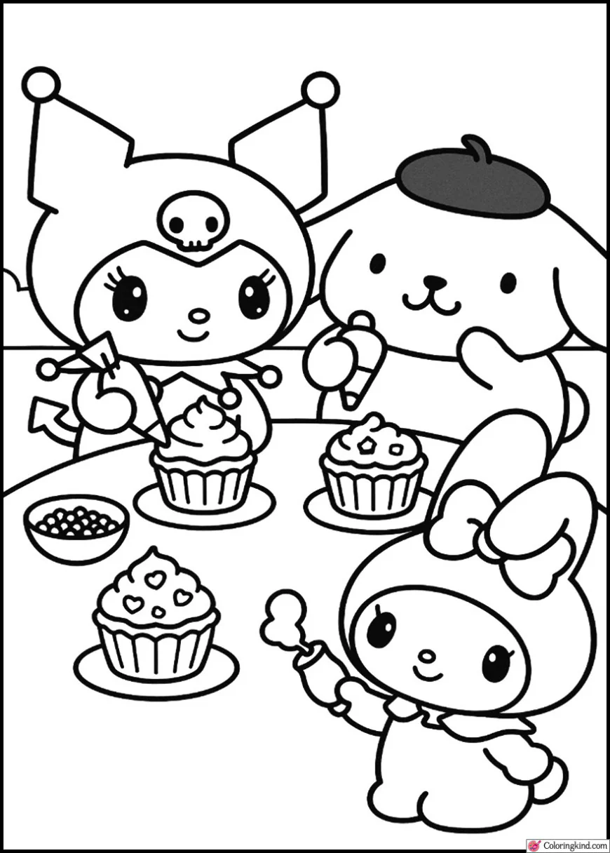 Kuromi and Pompompurin Decorating Cupcakes