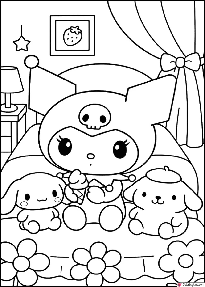 Kuromi in a Cozy Bedroom with Plushies