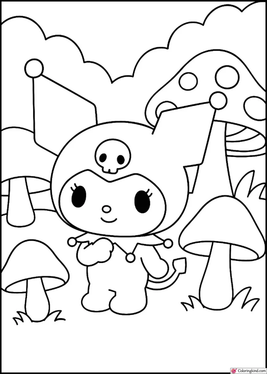 Kuromi in a Fantasy Forest Full of Mushrooms