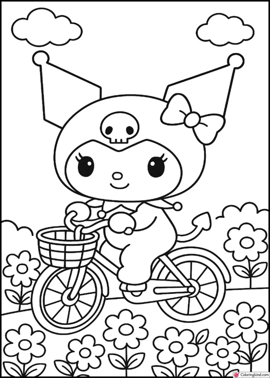 Kuromi Riding a Bicycle Through a Flower Garden