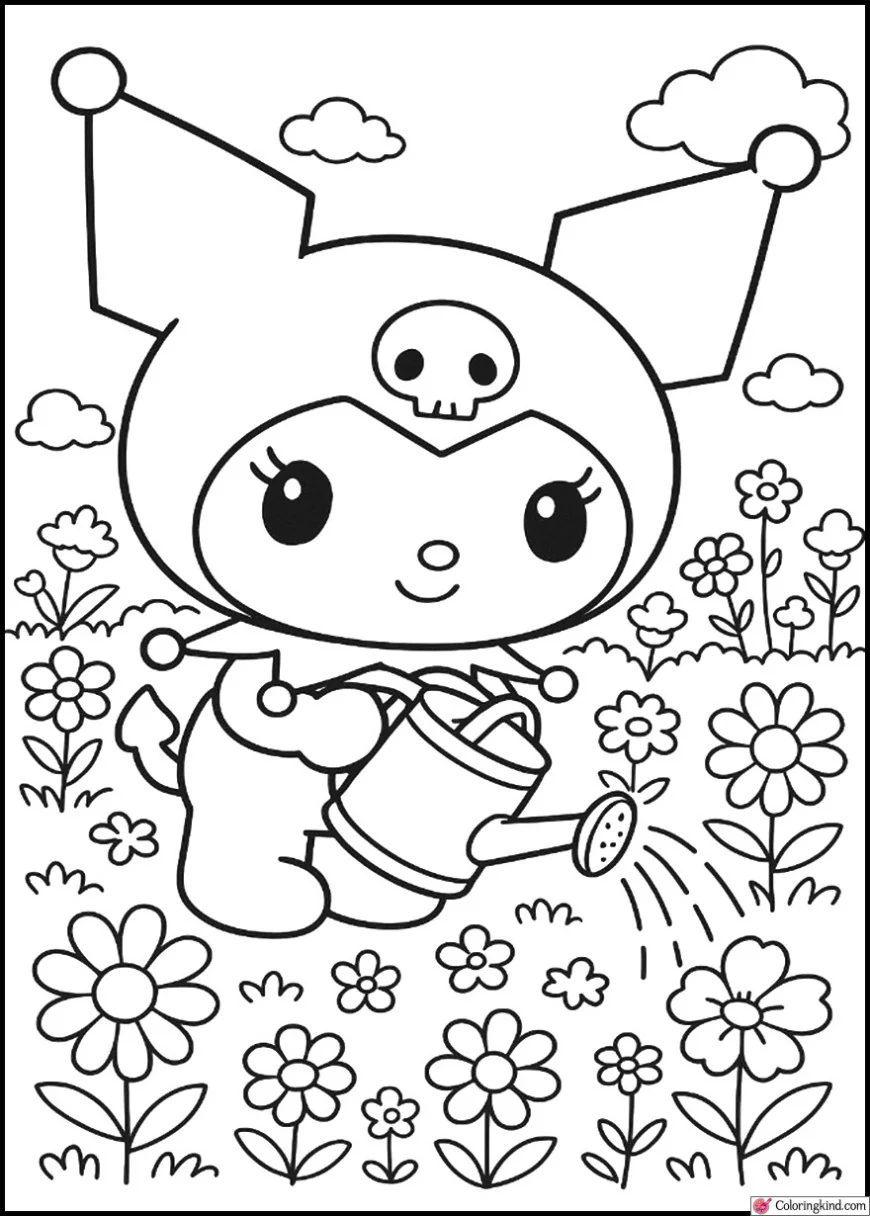 Kuromi Watering Plants in a Flower Meadow