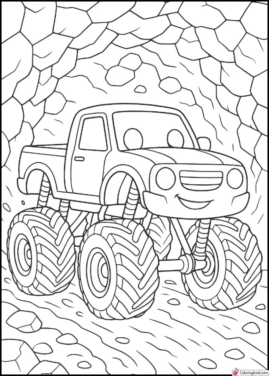 Monster Truck Racing Through a Tunnel of Rocks