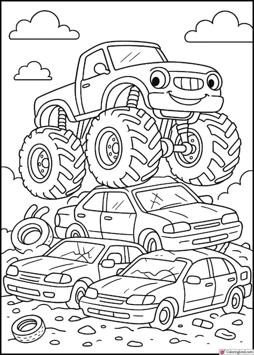 Monster Truck Climbing Over a Junkyard of Cars