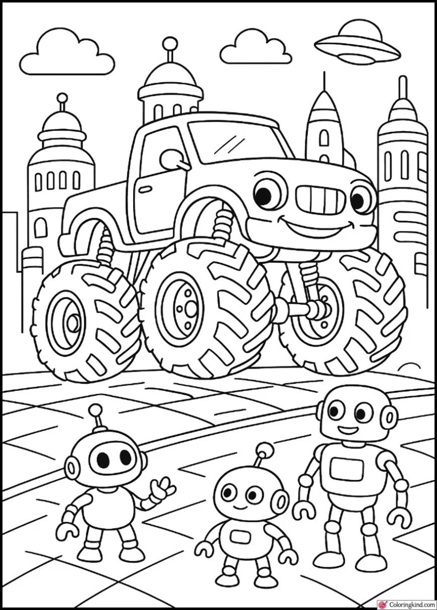 Monster Truck in a Sci-Fi City with Robots