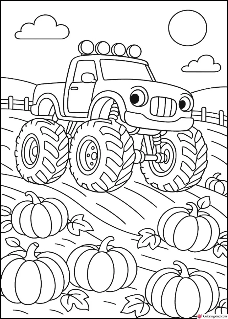Monster Truck Racing Through a Pumpkin Patch