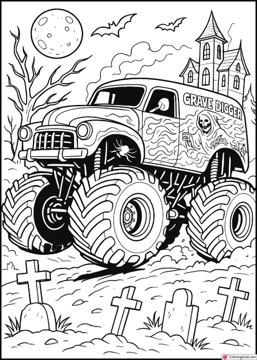 Grave Digger Racing Through a Haunted Graveyard at Night