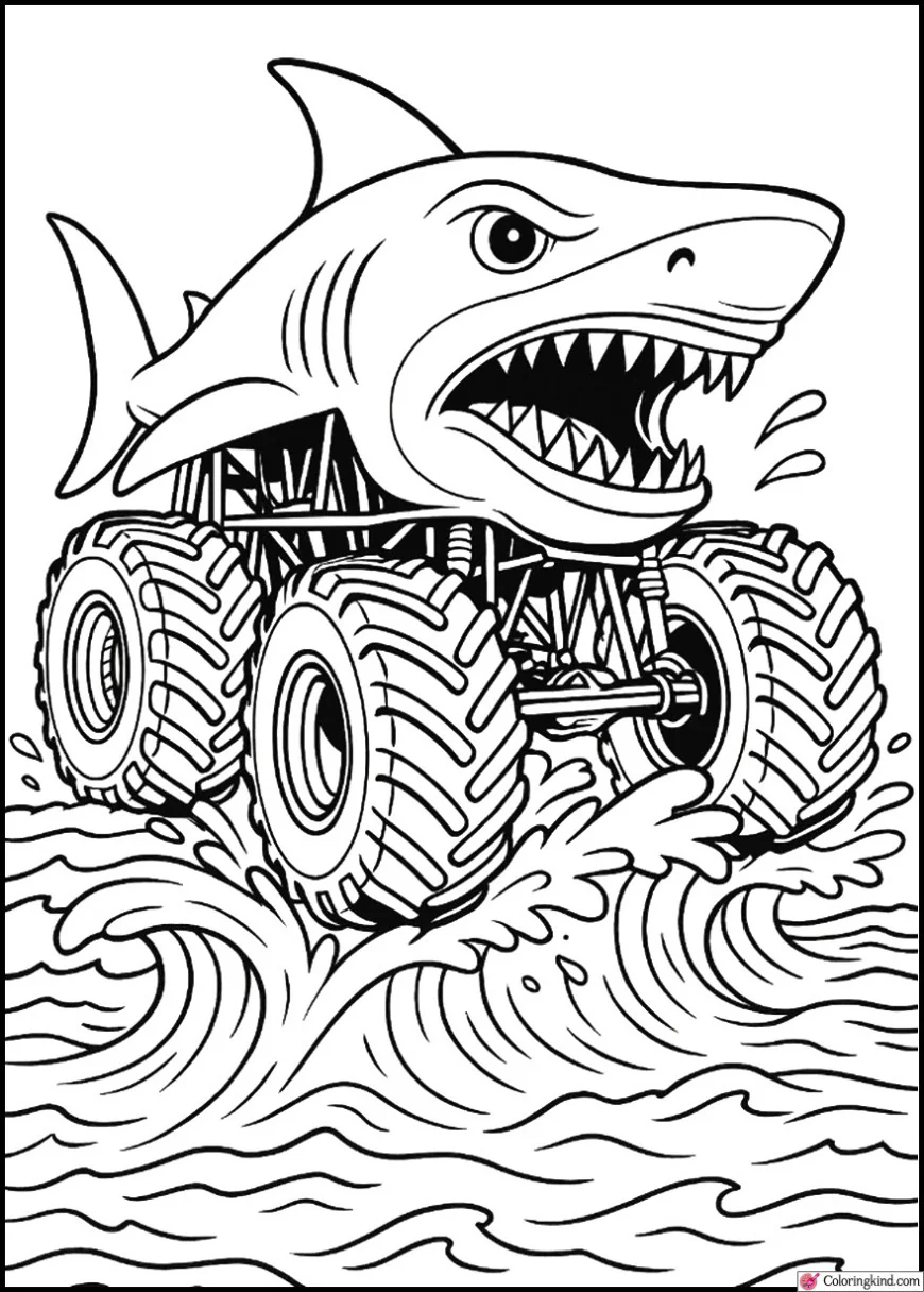 Megalodon Monster Truck Splashing Through Ocean Waves