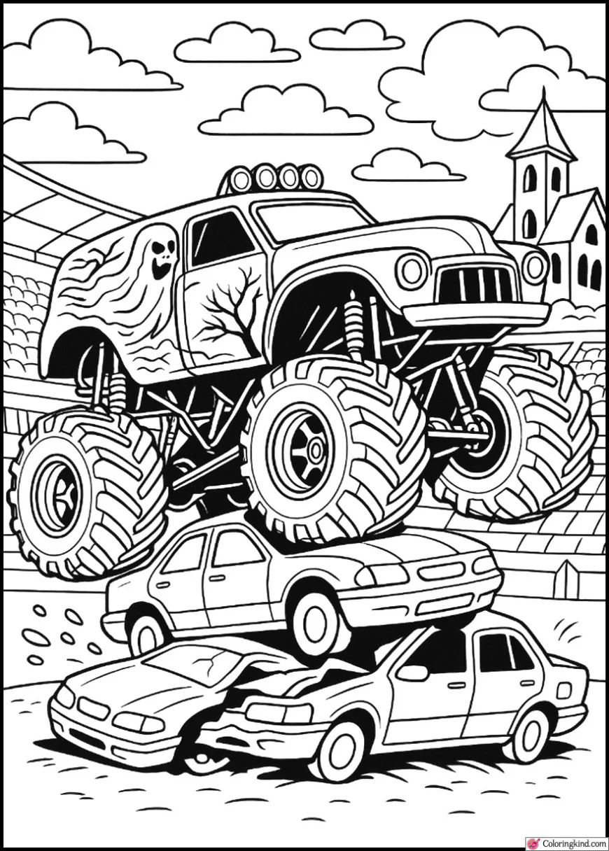 Grave Digger Crushing Cars in a Spooky Stadium Arena