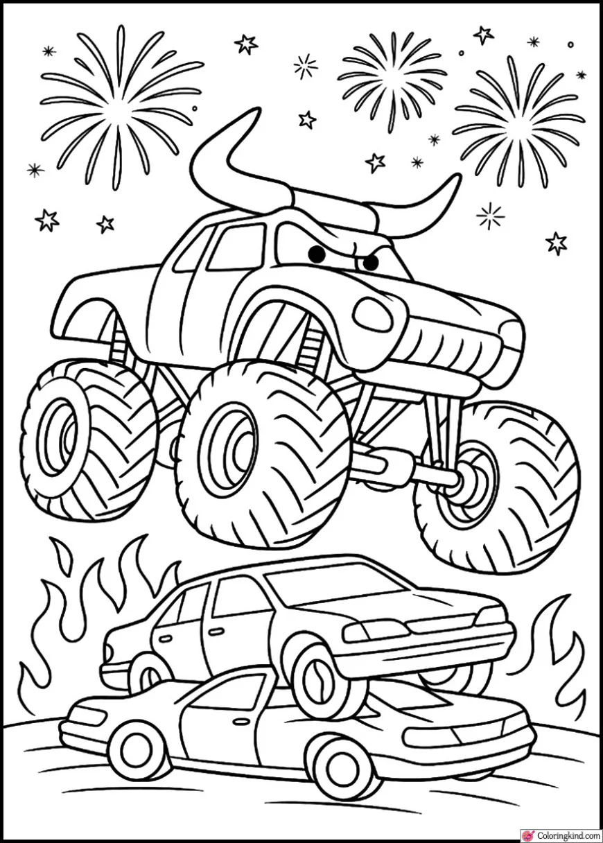 El Toro Loco Crushing Cars Surrounded by Fireworks