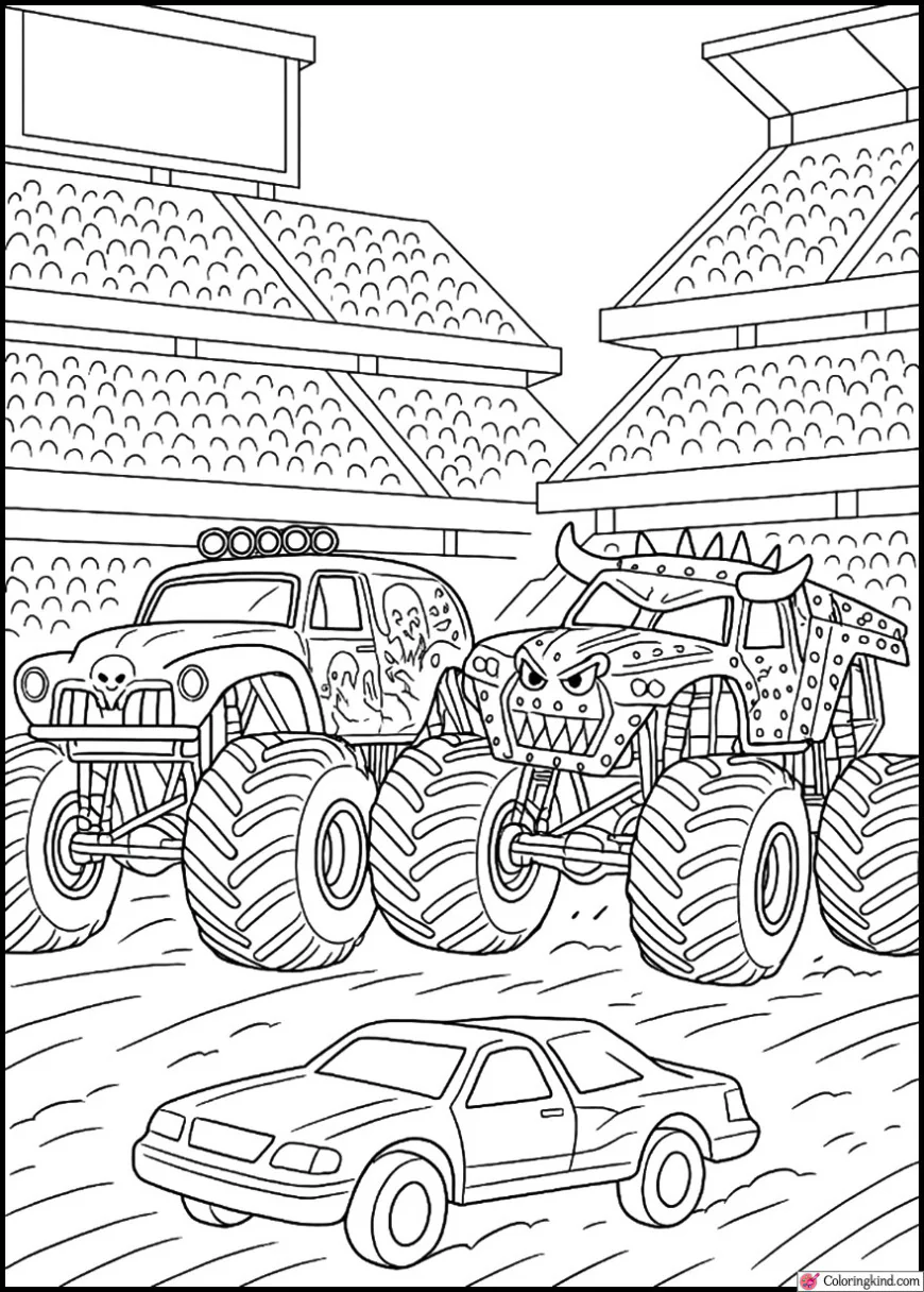 Grave Digger and Max-D Racing Side by Side in a Stadium
