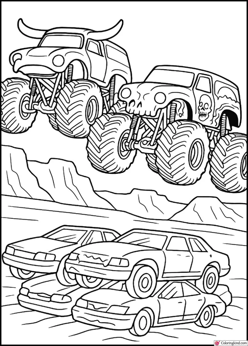 El Toro Loco and Grave Digger Jumping Over Cars Together