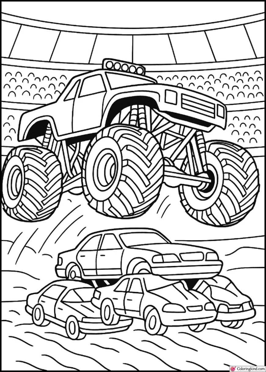 Monster Truck Jumping Over Cars at a Stadium