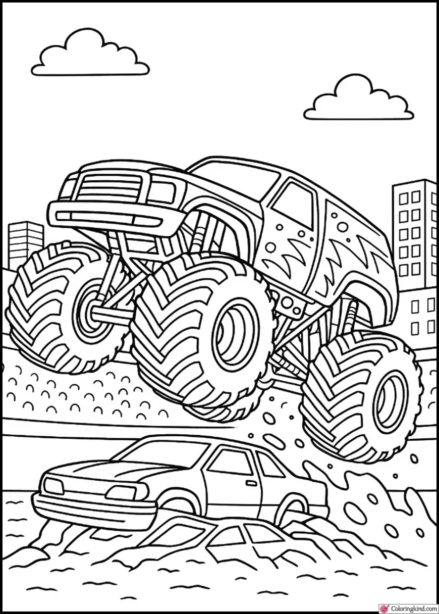 Monster Truck Performing a Wheelie in a City Arena