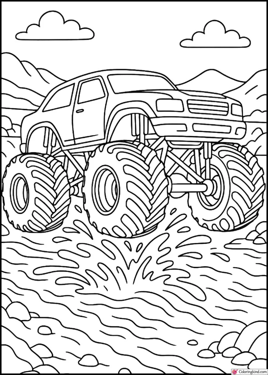 Monster Truck Splashing Through a River Crossing