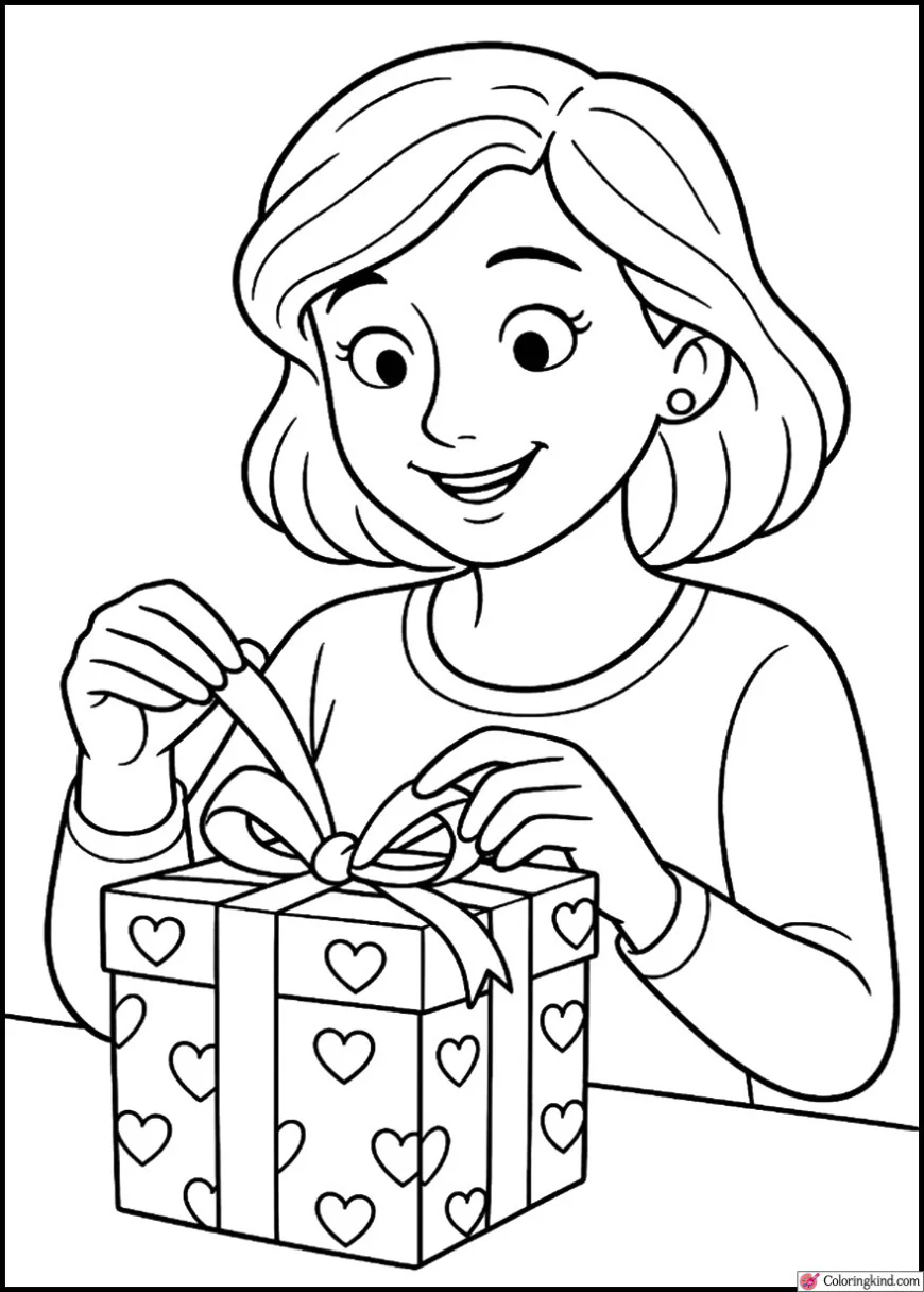 Mom Opening a Gift Wrapped with Hearts