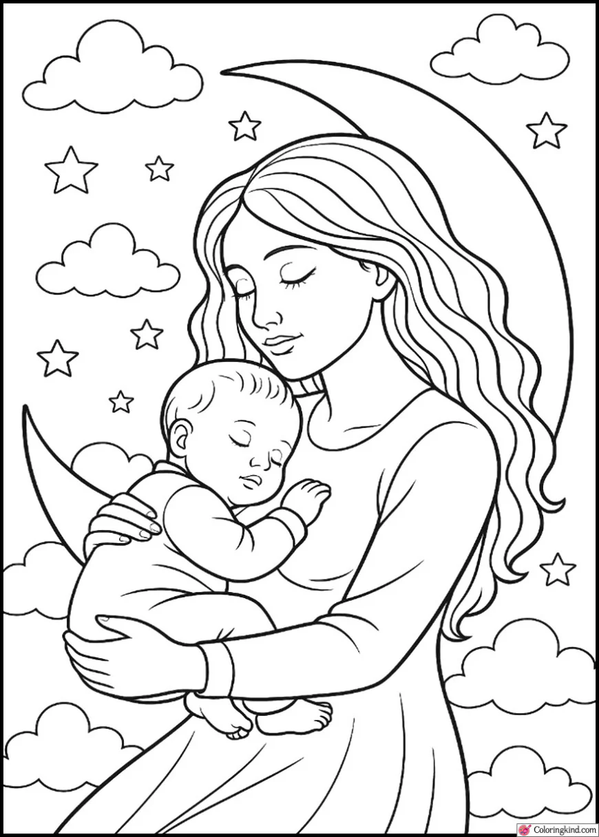 Mom and Baby Napping on a Moon