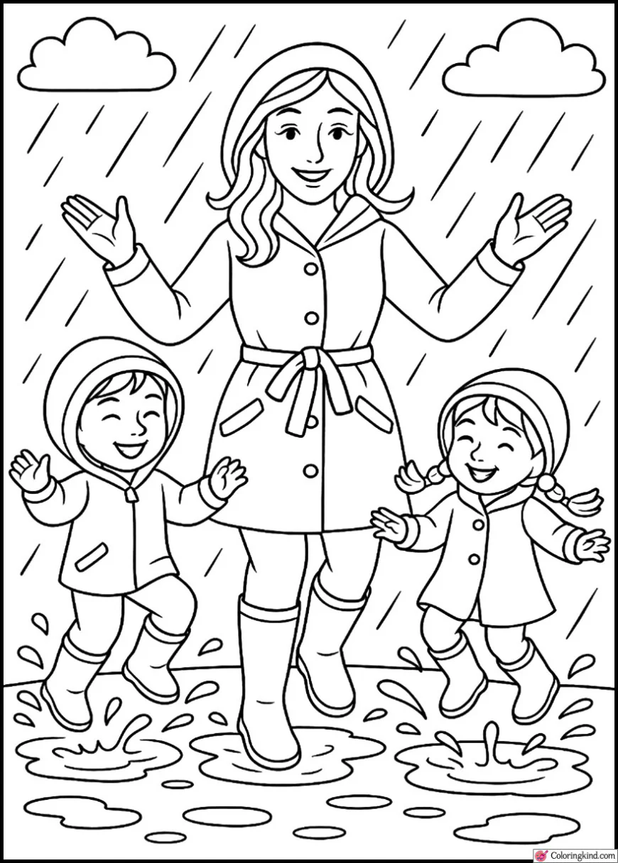 Mom and Kids Jumping in Puddles