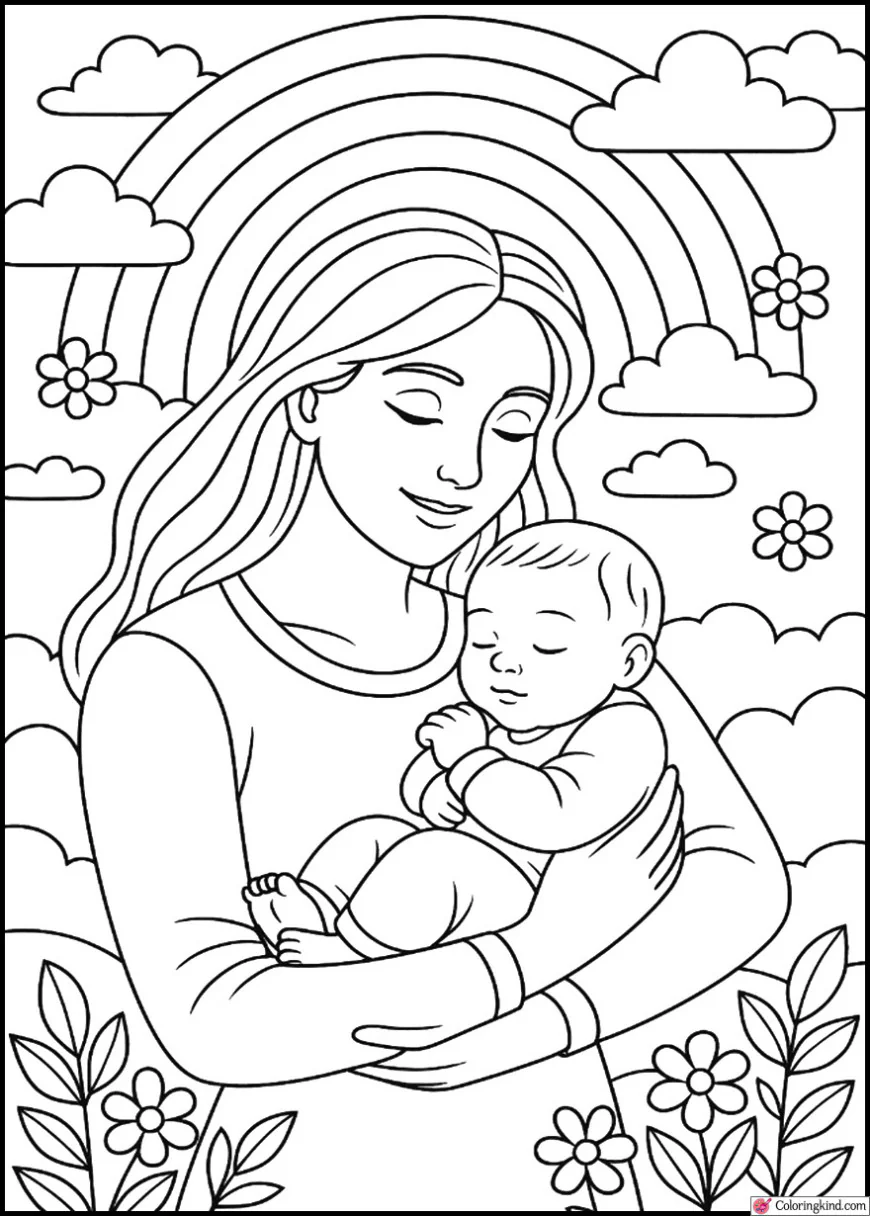 Mom with Baby Under Rainbow Sky