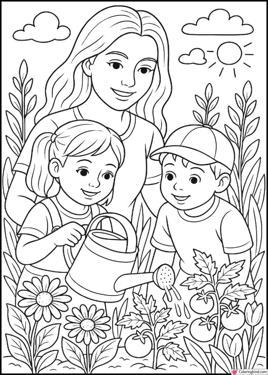 Mom and Kids Watering Garden Together