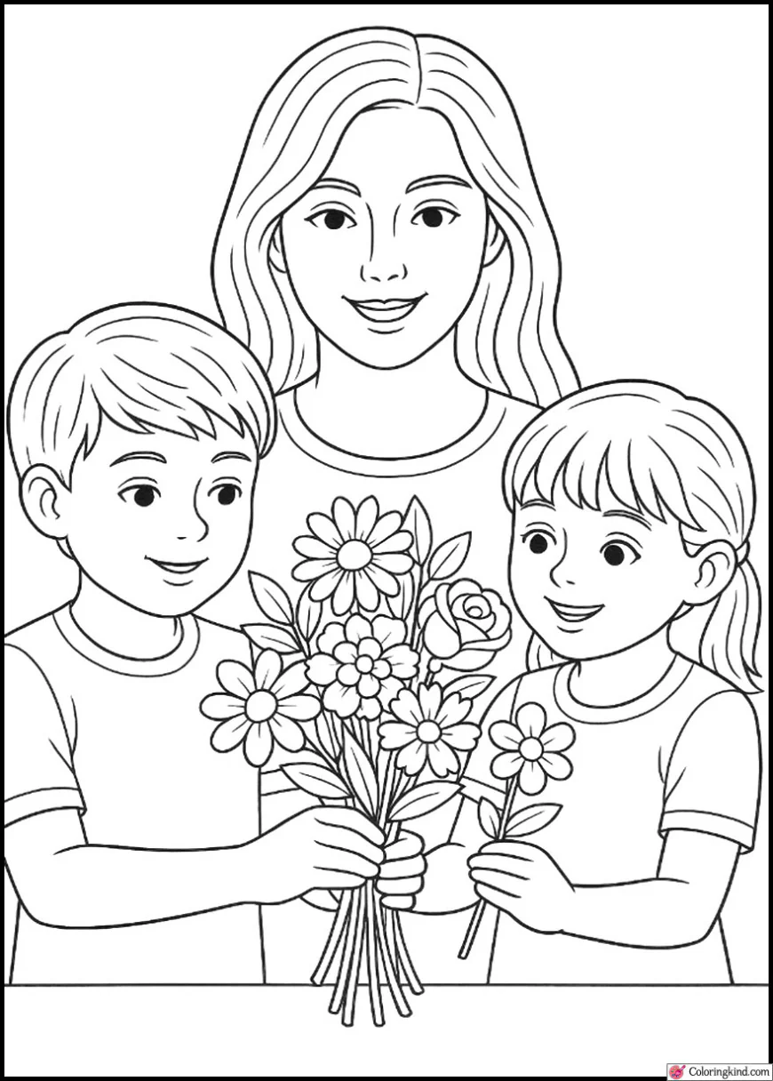 Mom and Kids Making a Flower Bouquet