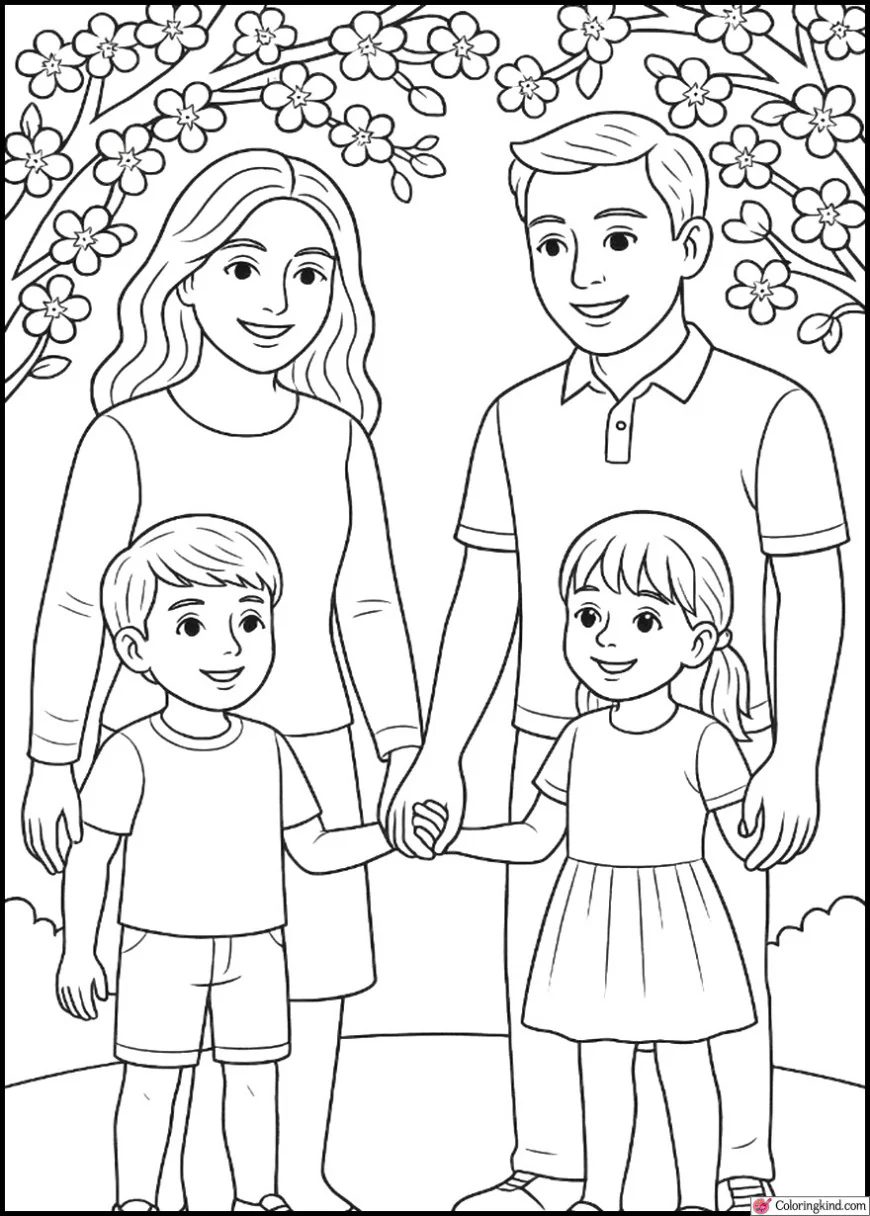 Family Holding Hands Under Cherry Blossoms